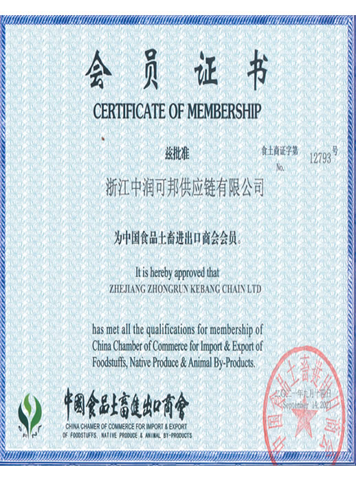 中国土畜进口商会会员证 